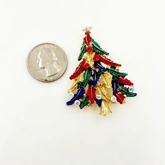 CHRISTMAS TREE PIN Gold Enamel Rhinestone - Picture 2 of 4